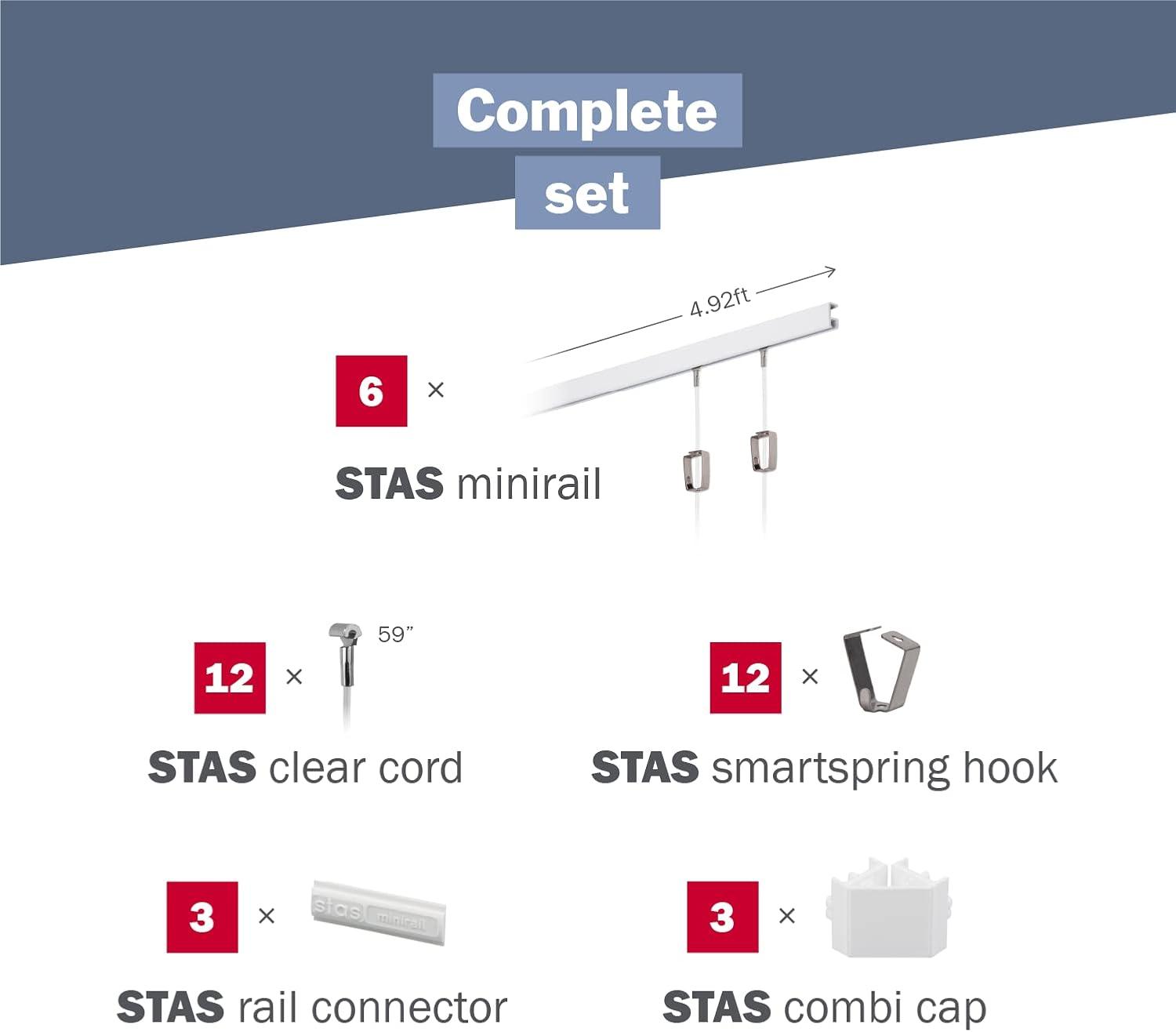 STAS Minirail Picture Hanging System Set - Covers 29.53 ft of Wall Space - Smallest Picture Rail & Art Hanging Gallery Kit for Art Display (White Rails, Includes 12 Hooks & Cords)