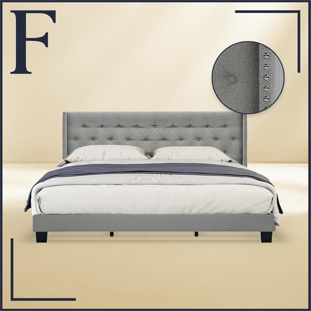 Luxurious Grey Linen King Upholstered Bed with Tufted Wingback Headboard