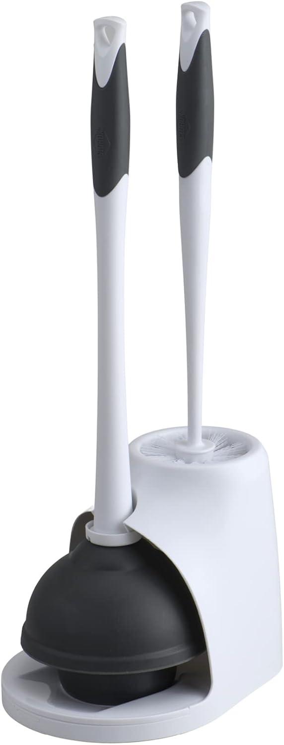 White and Black Toilet Plunger and Brush Set with Caddy