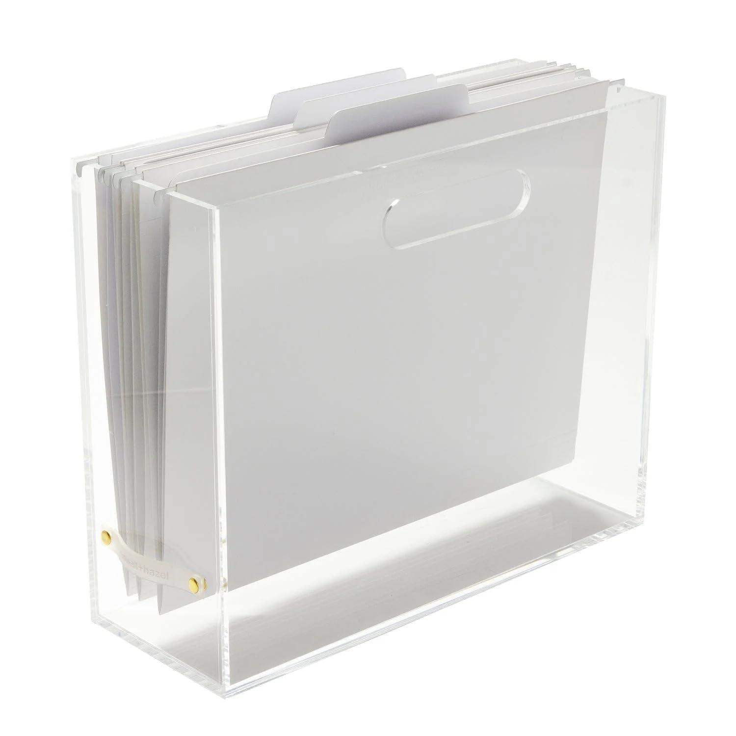 RUSSELL + HAZEL Acrylic File Box Slim: Clear Desk Organizer, Office Supplies, File Holder, 10" H x 12.25" D x 4.5" W