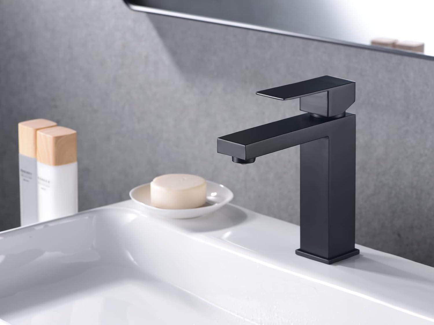 Matte Black Modern Single Hole Bathroom Faucet with Supply Lines