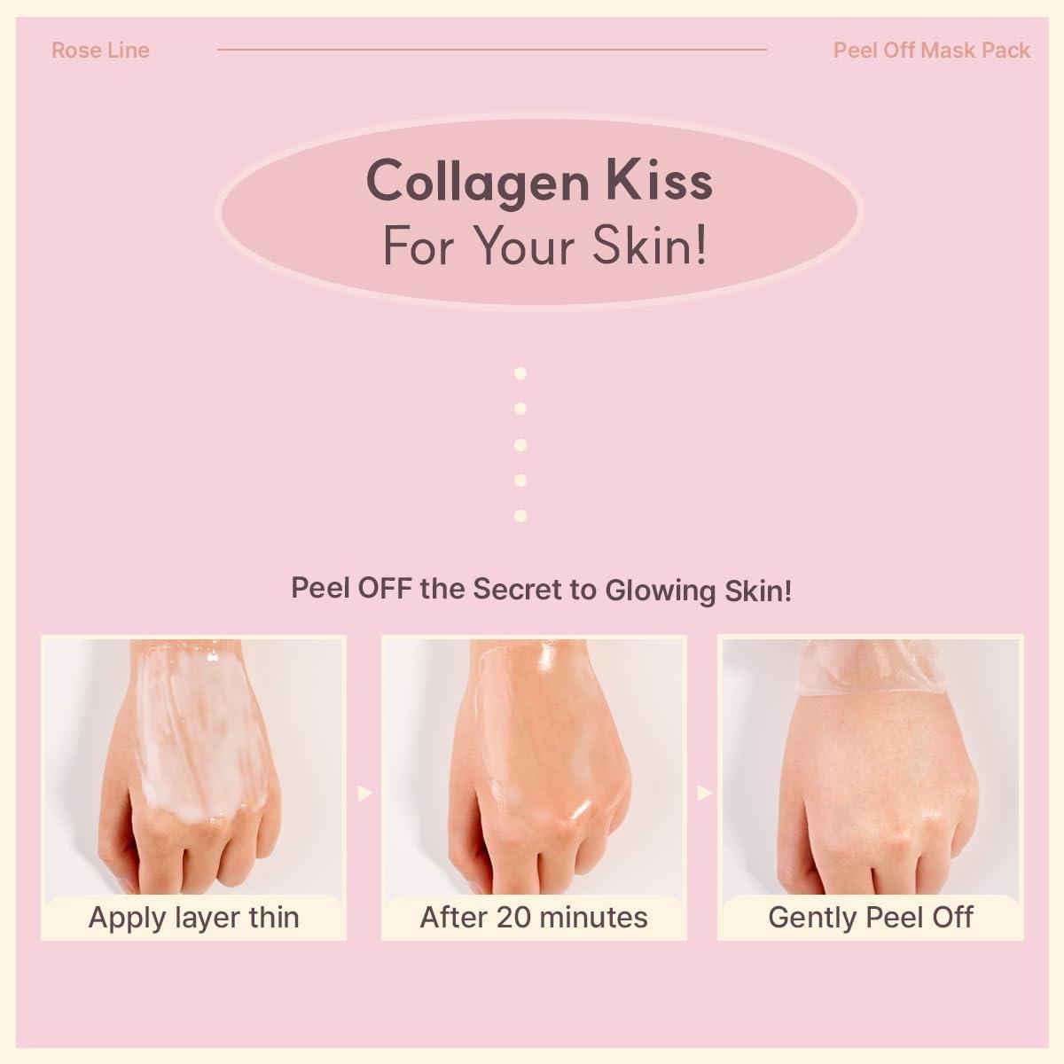 Rose Collagen Wrapping Peel-Off Mask Pack, Facial Mask with Damask Rose Water, Hydrolyzed Collagen & Botanical Fruit Extracts for Hydrated, Glowing Look & Korean Glass Skin (60ml/2.02 fl.oz.) (Pink)
