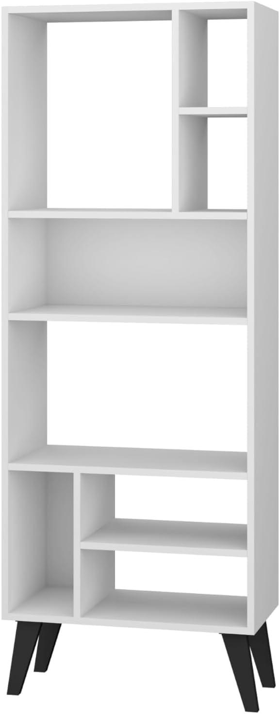 Manhattan Comfort 60.03" Tall Warren Bookshelf White/Black Feet - Manhattan Comfort: Mid-Century Modern 8-Shelf Storage, Matte Finish