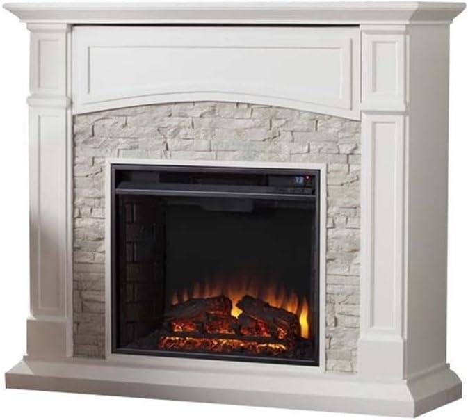 Crisp White Faux Stone Electric Fireplace TV Stand