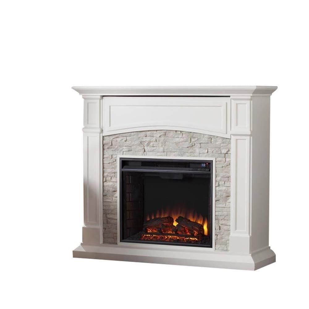 Crisp White Faux Stone Electric Fireplace TV Stand