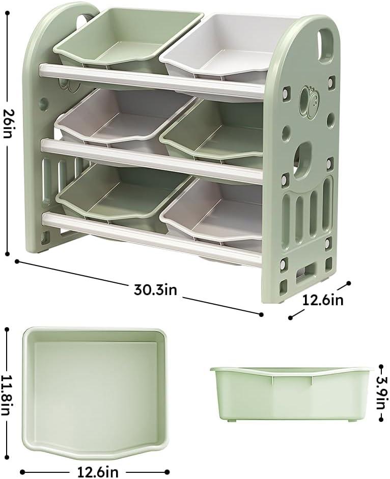 3-Tier Kids Toy Storage Organizer Shelf, Child Storage Cabinet with 6 Plastic Bins, Multi-Functional Nursery Storage Rack for Playroom Bedroom Living Room, Green
