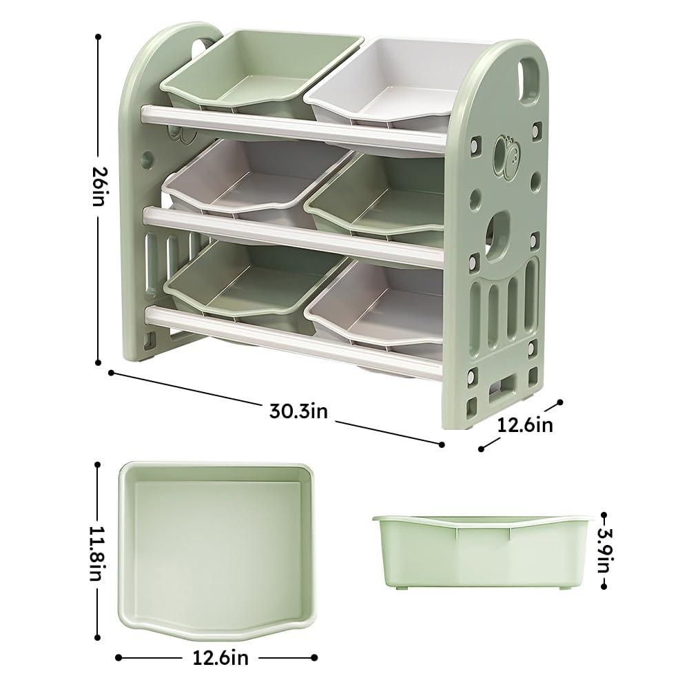 3-Tier Kids Toy Storage Organizer Shelf, Child Storage Cabinet with 6 Plastic Bins, Multi-Functional Nursery Storage Rack for Playroom Bedroom Living Room, Green