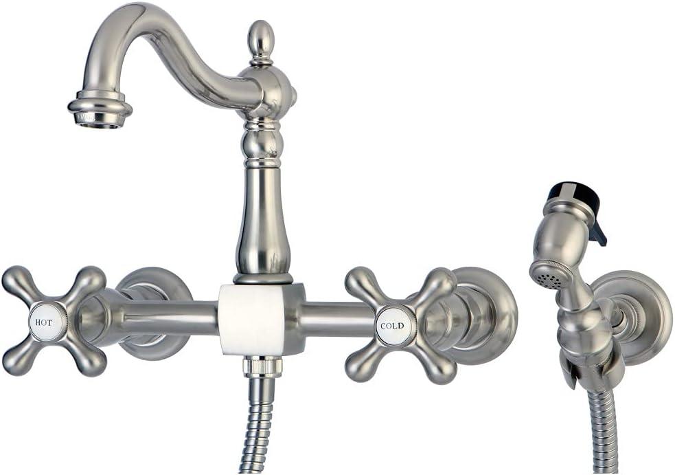 Kingston Brass Heritage Double-Handle 3-Hole Wall-Mount Bridge Kitchen Faucet with Brass Sprayer