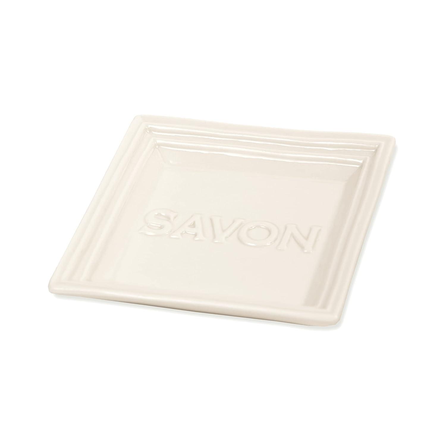 White Ceramic Square Soap Dish with French Design