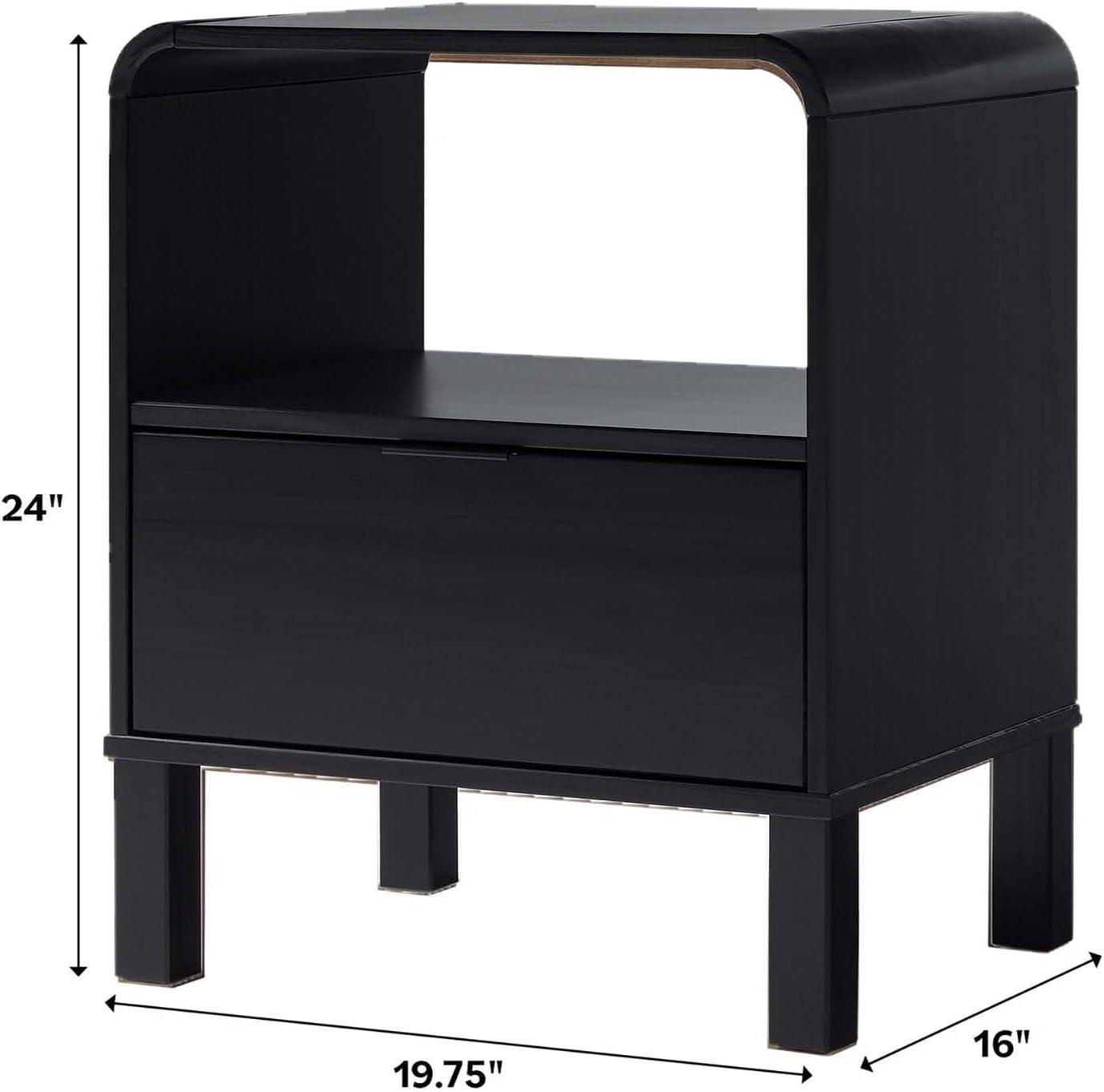 Curved-Top Solid Pine 1-Drawer Nightstand in Black