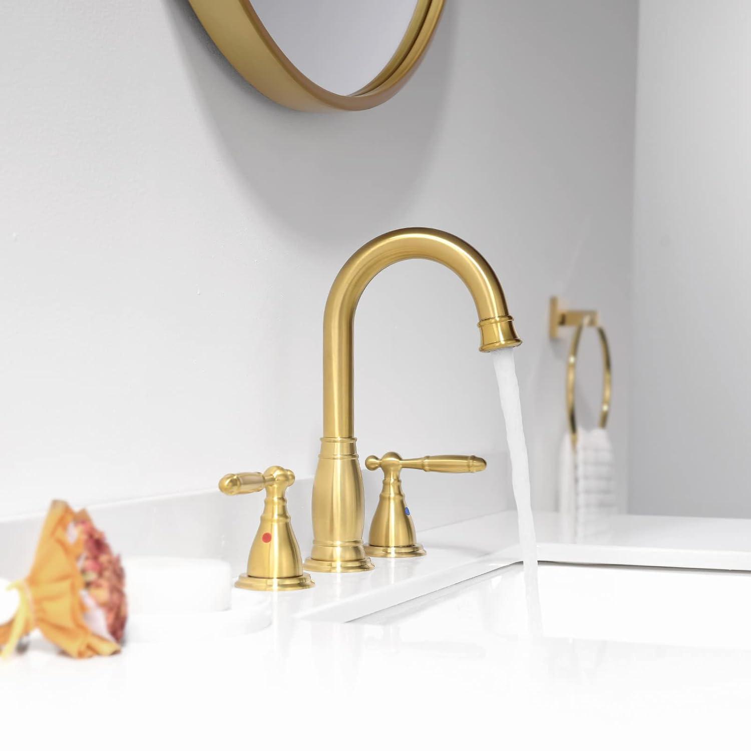 Phiestina Brushed Gold Widespread 2-handle High-arc Commercial/Residential Handle Bathroom Sink Faucet with Drain