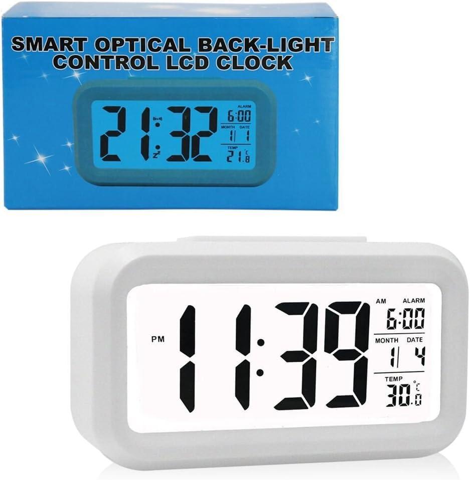 Indoor Temperature Alarm Clock for Bedrooms, Smart Night Light, Battery Operated Small Easy Desk Bedside Gifts Clock-White