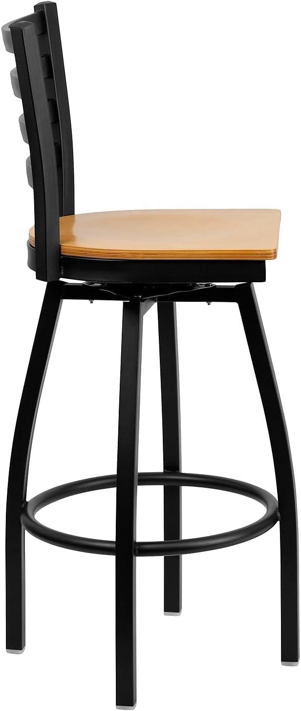 Flash Furniture HERCULES Series Black Ladder Back Swivel Metal Barstool - Natural Wood Seat