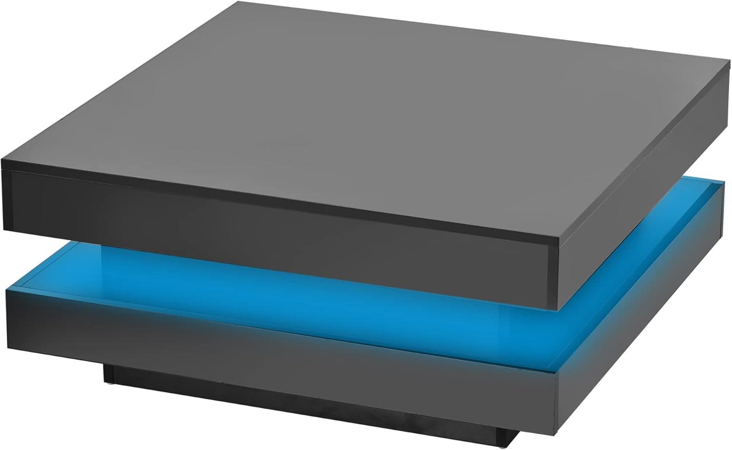 Modern Coffee Table, 2-Tier Square Coffee Table with Plug-in 16-Color LED Lights, High Gloss Coffee Table, Center Table for Living Room, 31.5”x31.5”x14.2”, Black