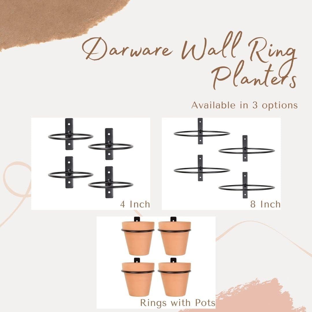 Darware 4in Metal Wall Ring Planters w/ Pots 4pk, Wall Mounted Clay Pots w/ Holders for Plants and Flowers