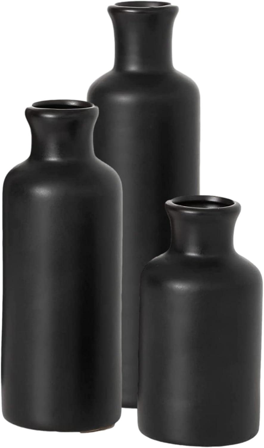 Sullivans Matte Black Set of 3 Small Ceramic Bottle Vases 5"H  7.5"H & 10"H Black