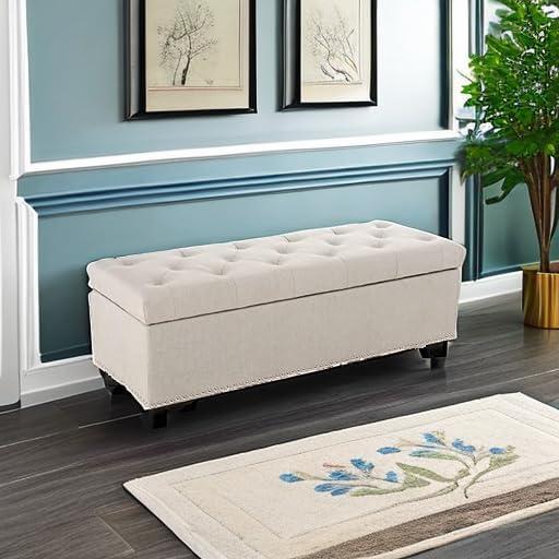 BELLEZE Button-Tufted Linen Storage Ottoman Bench - Brentwood (Dark Gray)