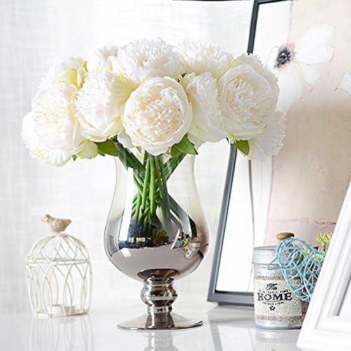 2 Bouquet 10 Heads Artificial Peony Silk Flower Leaf Home Office Wedding Party Festival Bar Decor (Cream White)