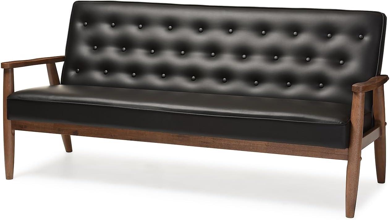 Mid-Century Modern Black Faux Leather Sofa with Tufted Back