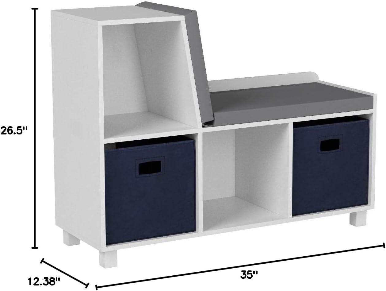 RiverRidge Home RiverRidge Kids Reading Book Nook Cushioned Toy Storage Bench with Cubby Organizers and 2 Fabric Bins- White