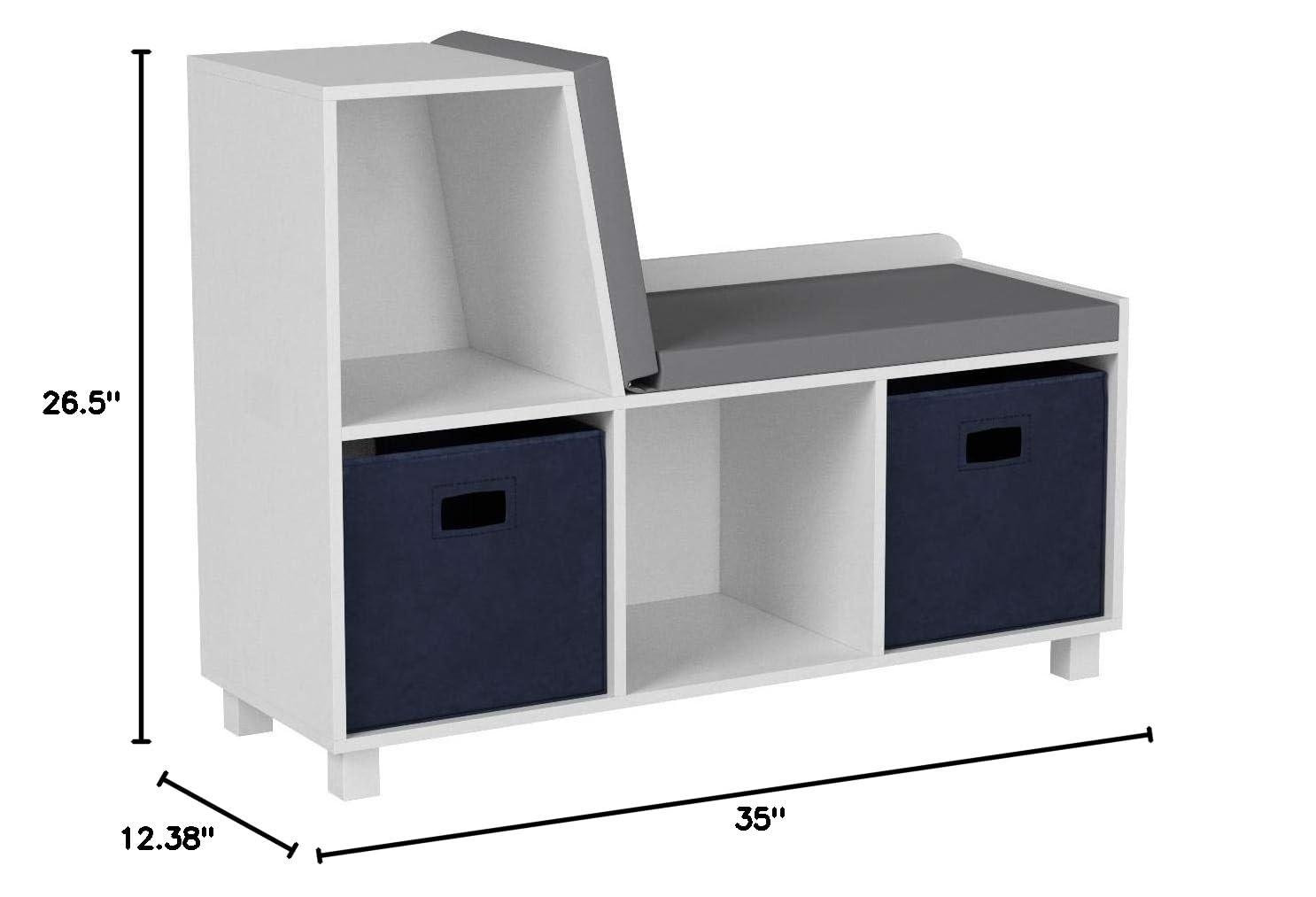 RiverRidge Home RiverRidge Kids Reading Book Nook Cushioned Toy Storage Bench with Cubby Organizers and 2 Fabric Bins- White