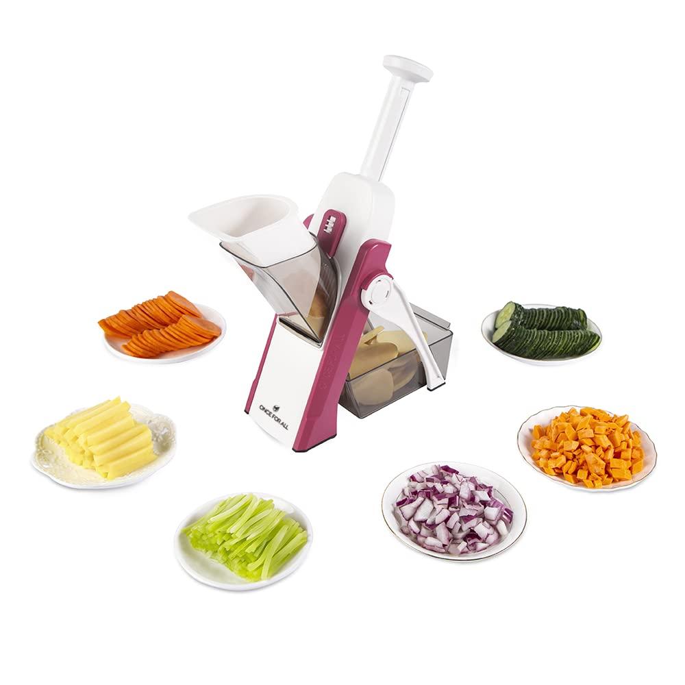 ONCE FOR ALL Safe Mandoline Slicer 5 in 1 Vegetable Cutter, Strips Julienne Dicer Adjustable Thickness 0.1-8 mm for Kitench Fast Meal Prep (Red)