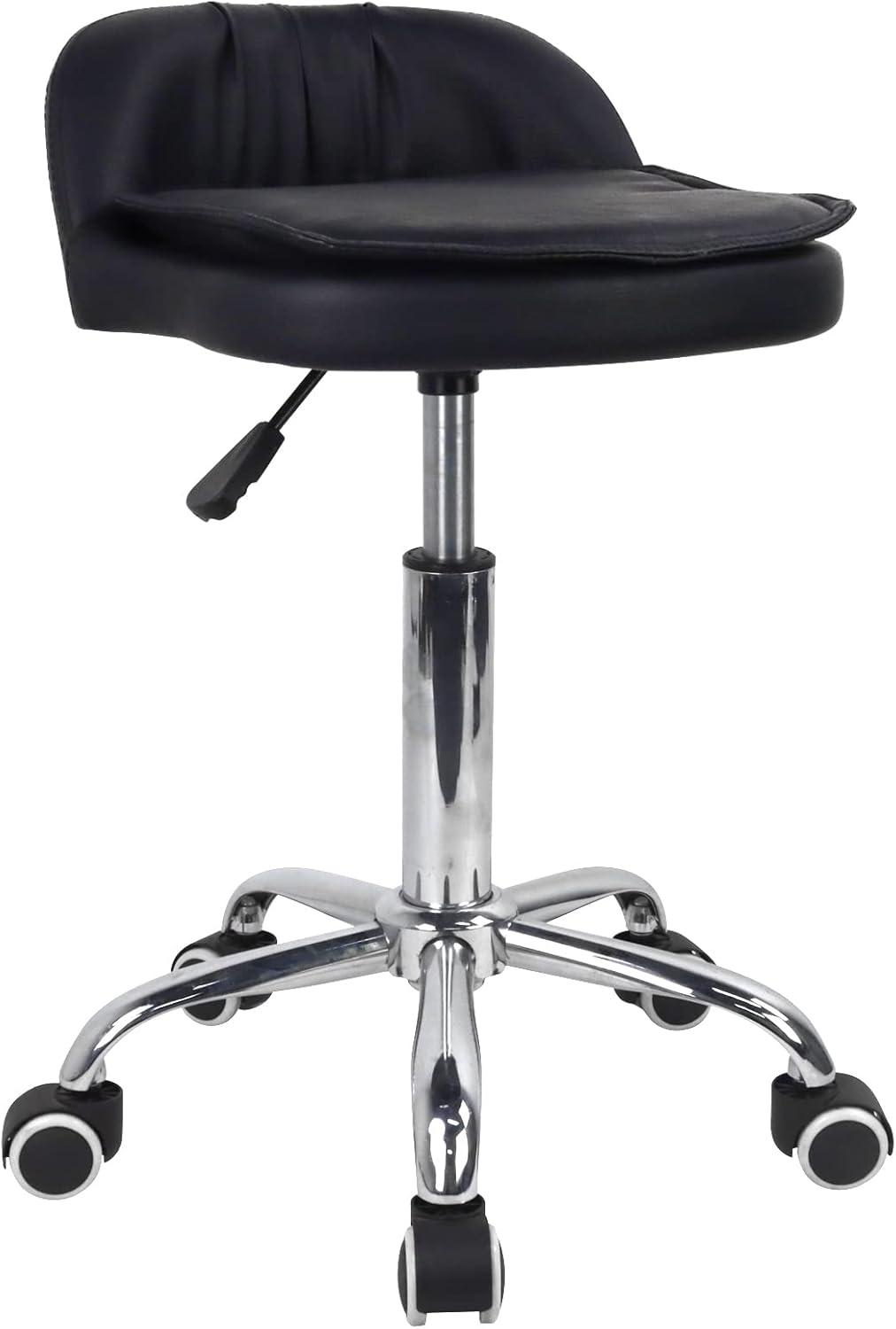 Rolling Stool Height Adjustable 360° Swivel with Universal Casters Leather Cushion with Low Back Rolling Chair with Wheels for Office Kitchen Desk Home Salon Shop Lab Bar Counter (Black)