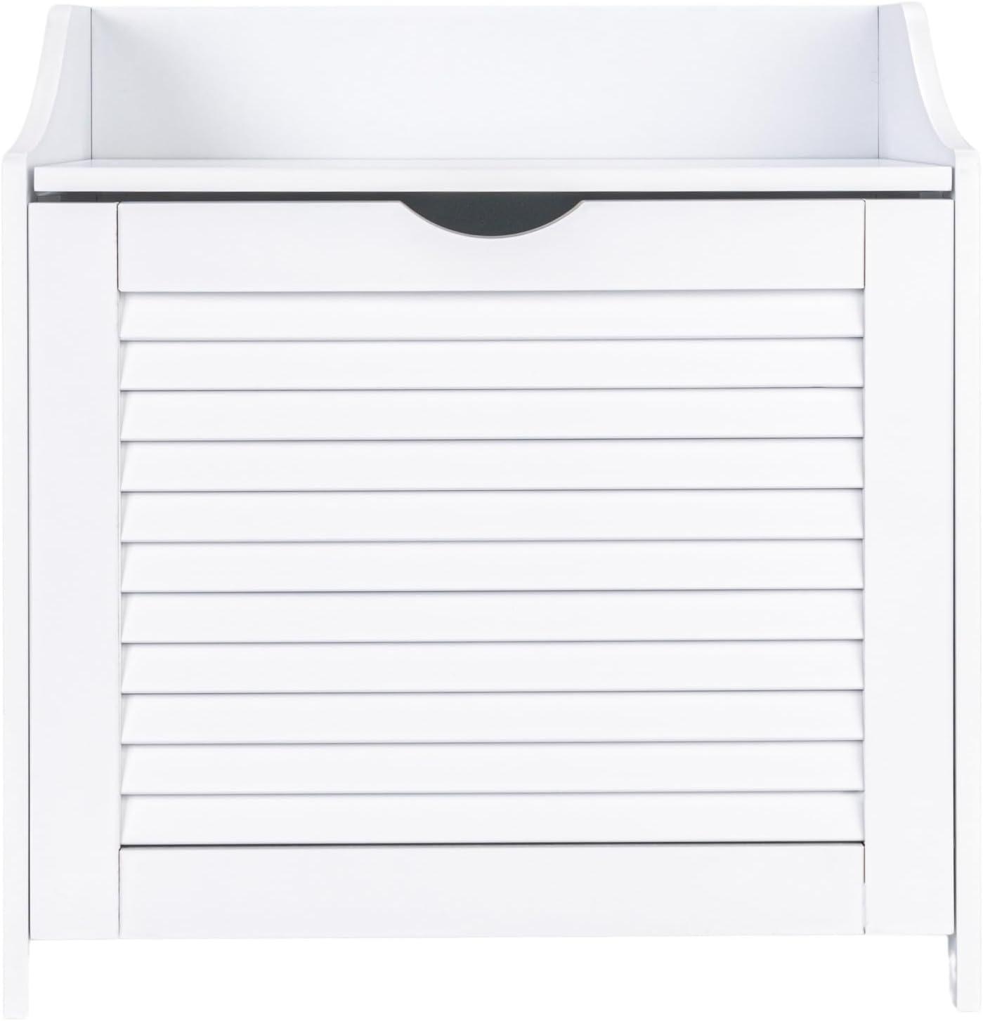 Household Essentials Design Trends Bench Hamper with Shutter Front and Foam Cushion White: Clothes Hamper with Lid, Removable Liner