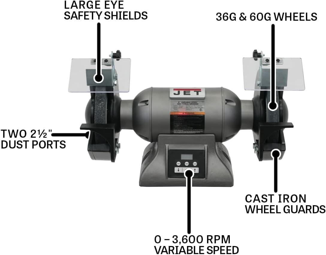 JET 8-Inch Variable Speed Industrial Bench Grinder with Casted Body