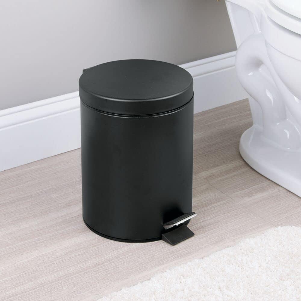 mDesign Small 1.3 Gallon Round Metal Step Trash Can with Liner/Handle - Black