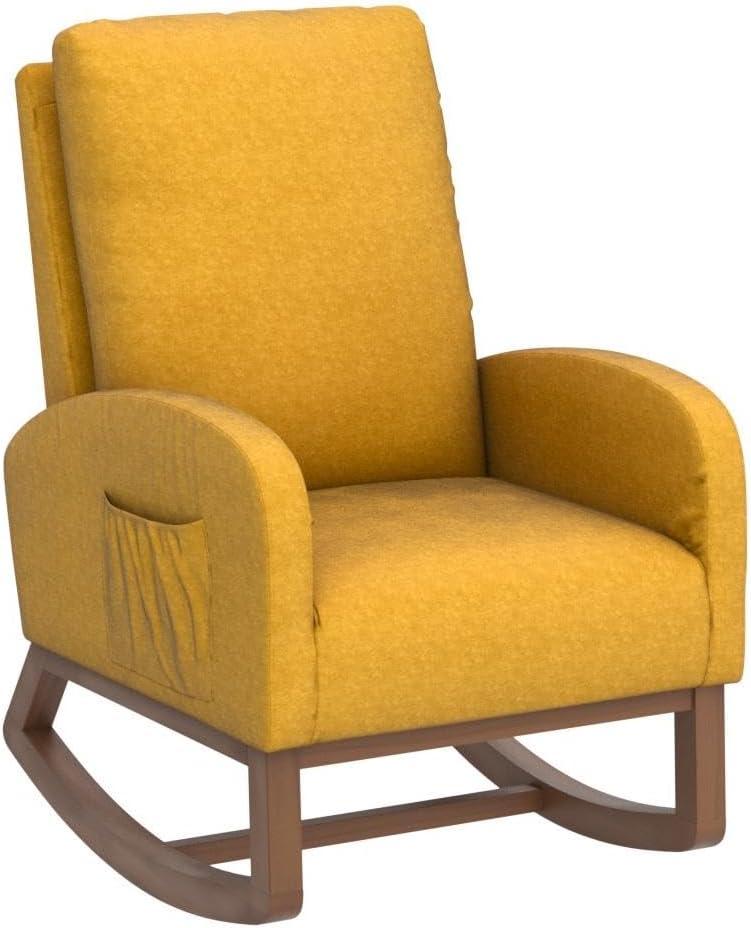 Antetek Modern Accent Rocking Chair, Upholstered Nursery Glider Rocker, Comfy Armchair with Side Pocket, Living Room Lounge Arm Chair, High Backrest with Decorative Buttons, Dark Grey