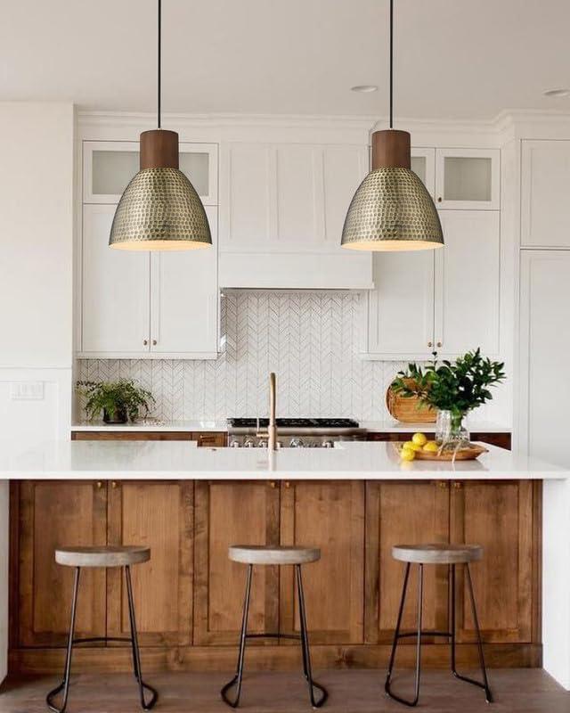 Vintage Brass and Wood Hammered Pendant Light