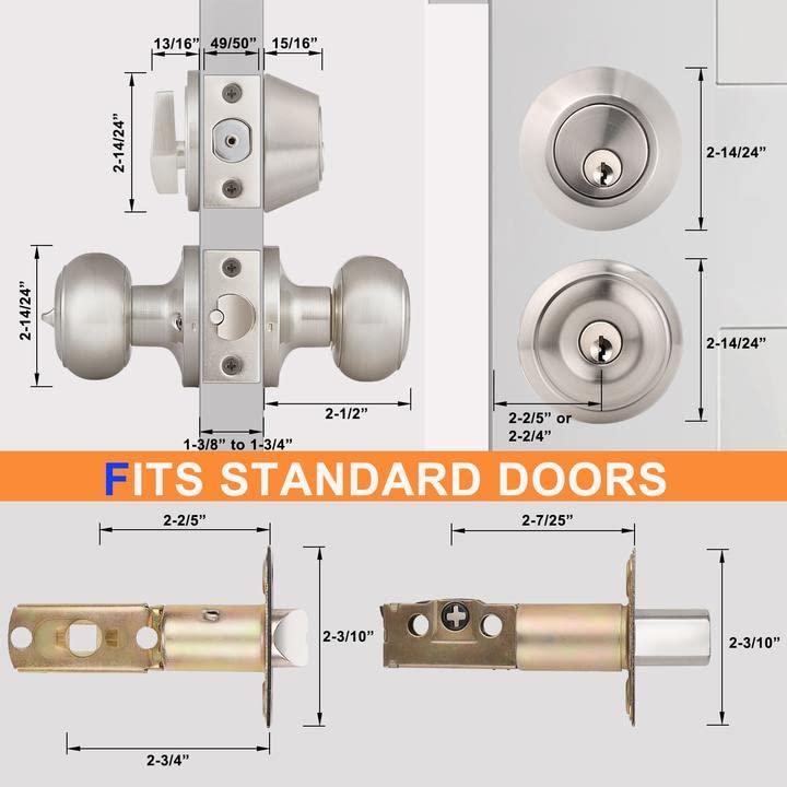 Brushed Nickel Round Stainless Steel Entry Knob and Deadbolt Set