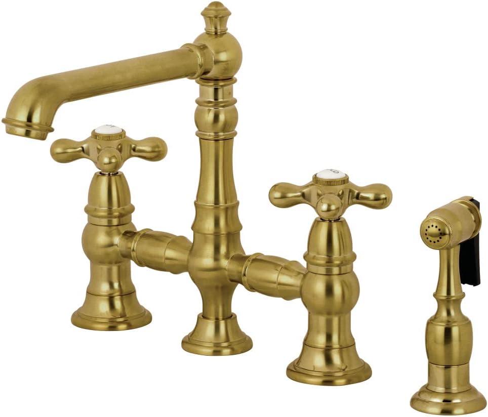Kingston Brass KS7277AXBS English Country 8" Bridge Kitchen Faucet with Sprayer, Brushed Brass