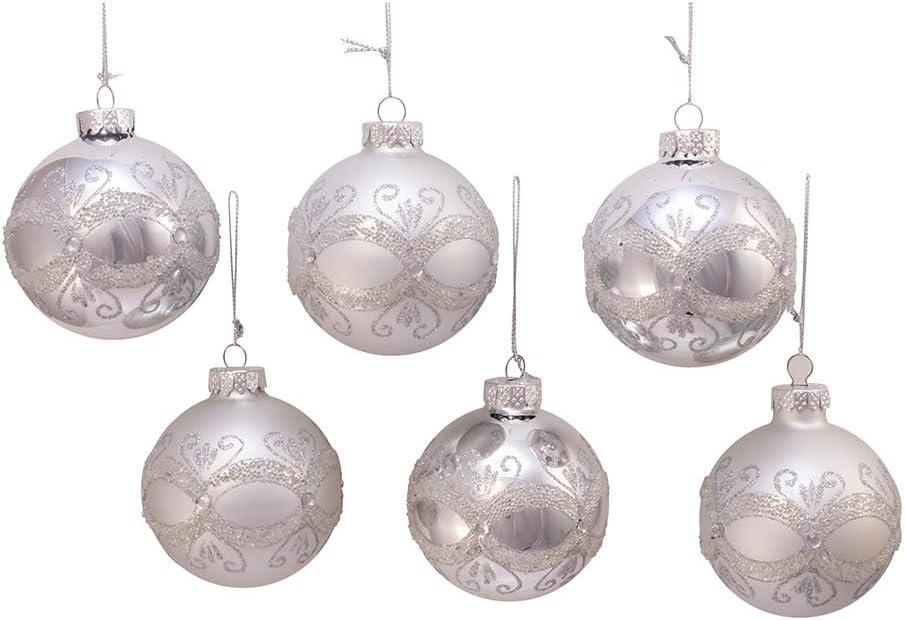 Kurt Adler 80MM Matte and Shiny Silver with Glitter Glass Ball Ornaments, 6 Piece Box