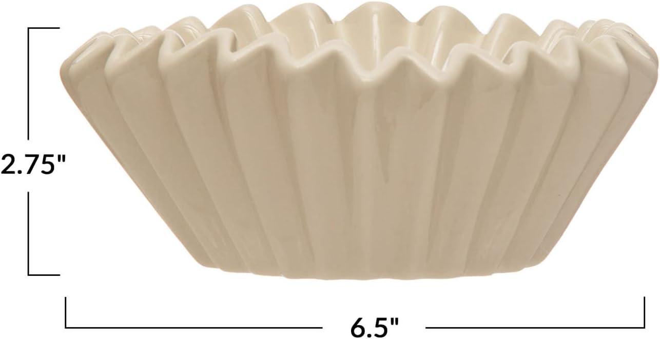 White Fluted Ceramic Serving Bowl with Zigzag Edge