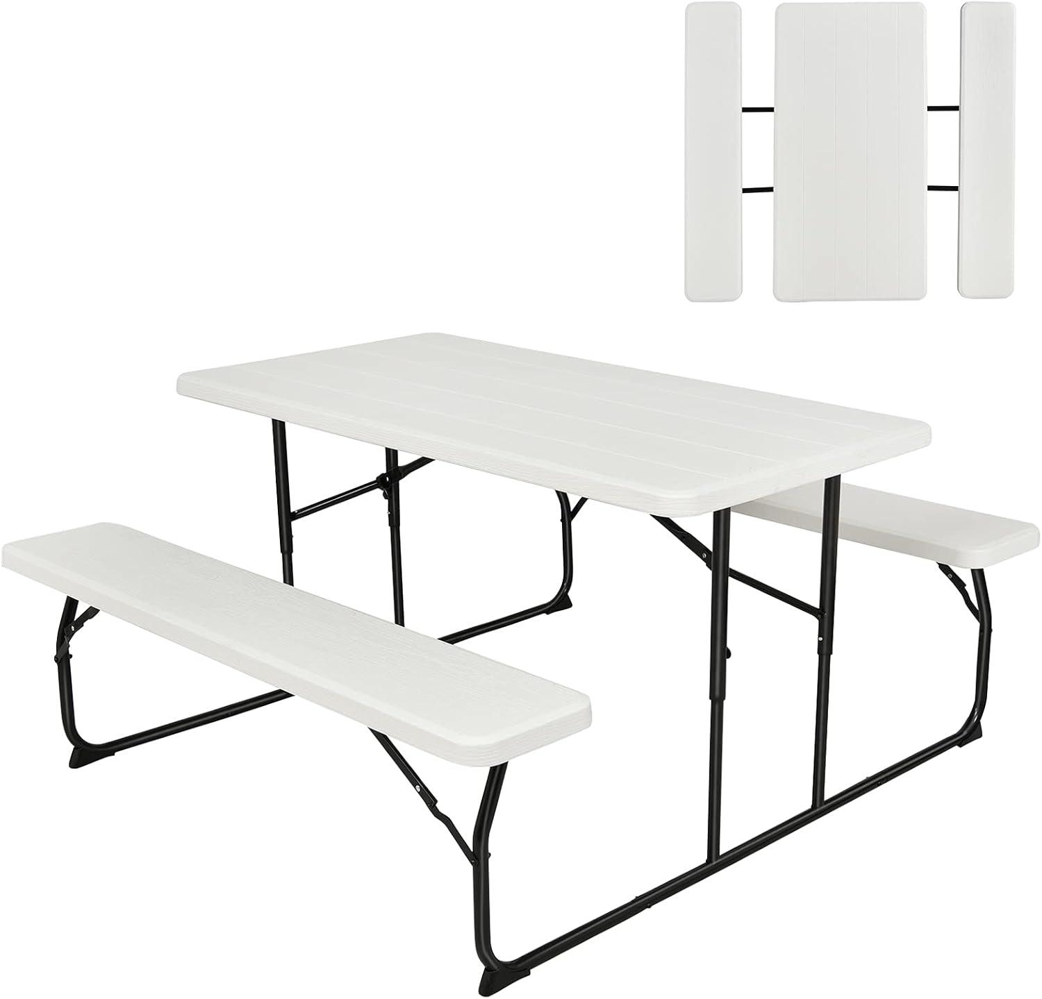 Topcobe Indoor and Outdoor Folding Picnic Table Bench Set with Wood-like Texture, Outdoor Patio Furniture for Balcony Garden Backyard-White