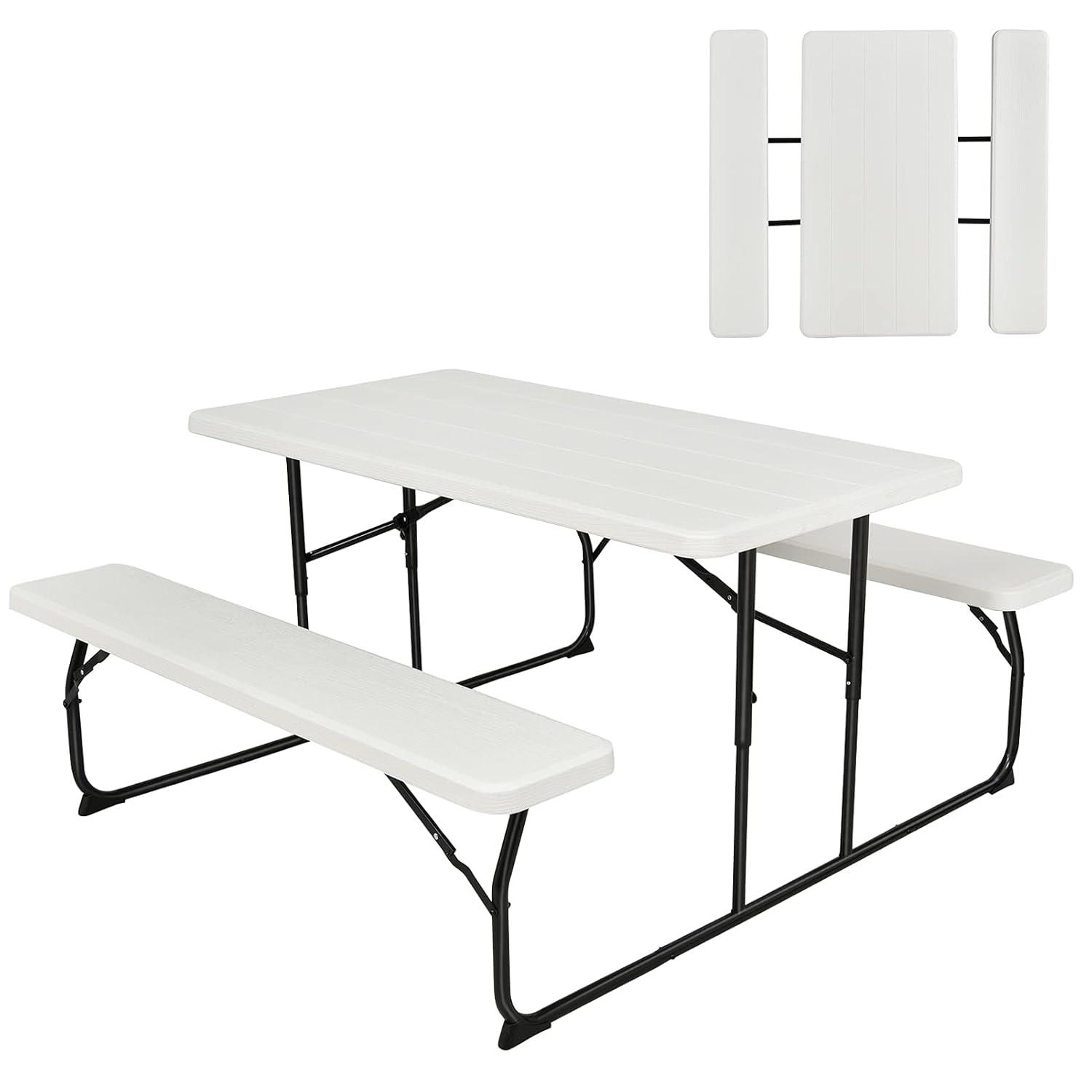 Topcobe Indoor and Outdoor Folding Picnic Table Bench Set with Wood-like Texture, Outdoor Patio Furniture for Balcony Garden Backyard-White
