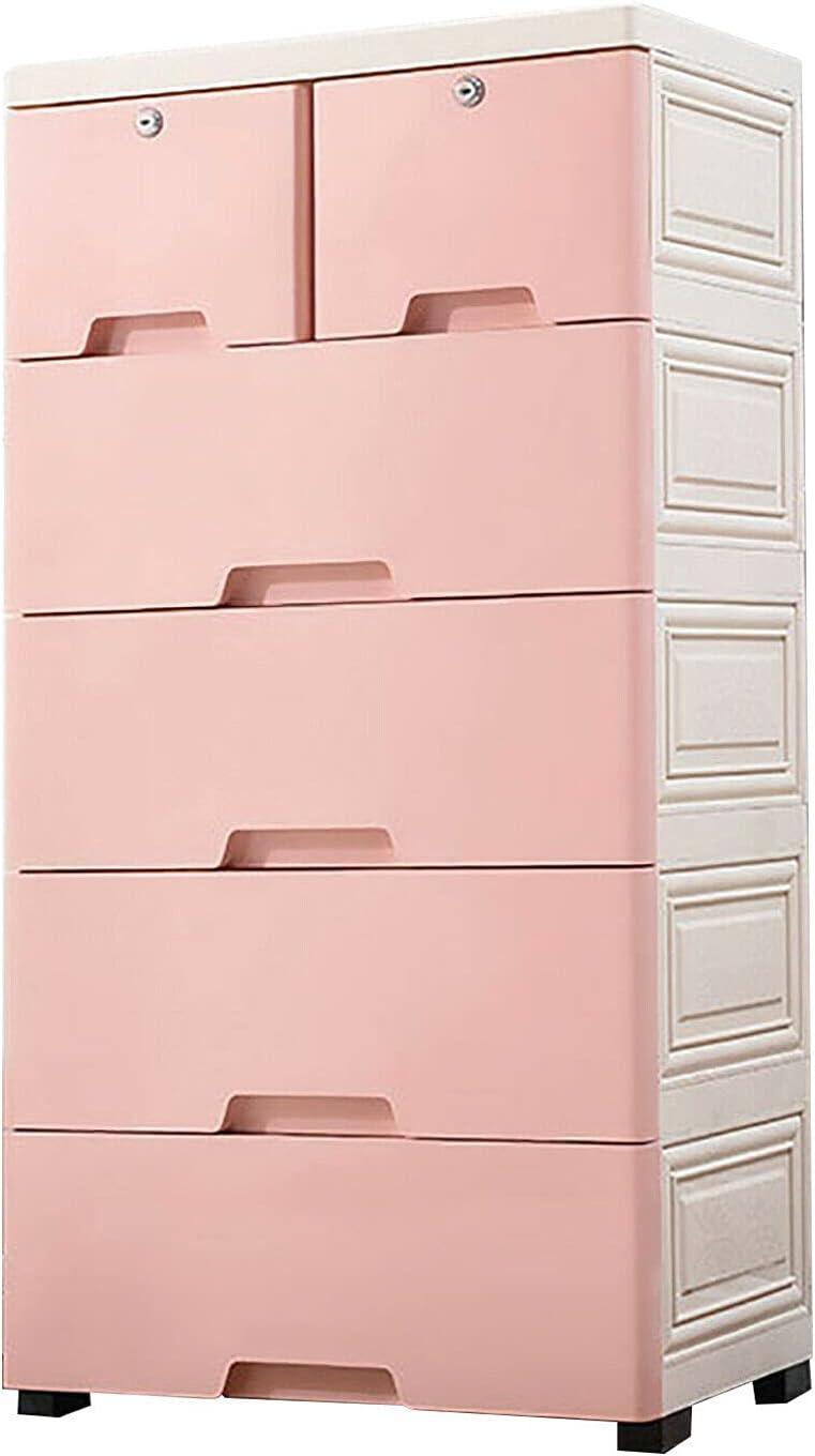 Pink 6-Drawer Plastic Storage Cabinet with Lock and Casters