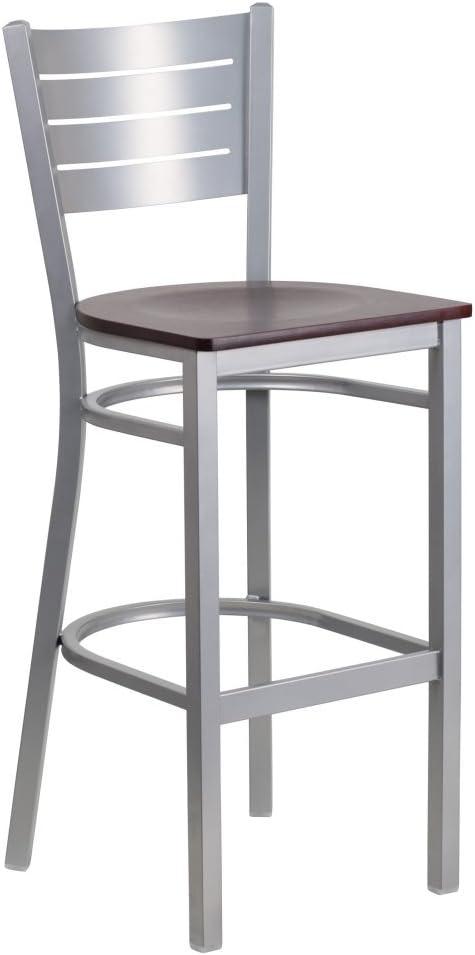 Sleek Silver Metal and Mahogany Wood Slat Back Barstool