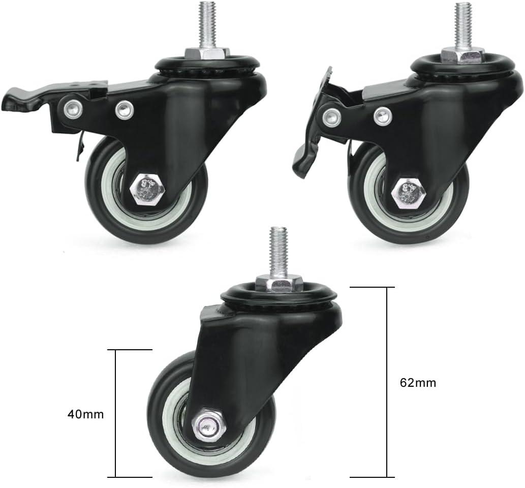 1.5 Inch Black Polyurethane Swivel Caster Wheels with Brake, Set of 4