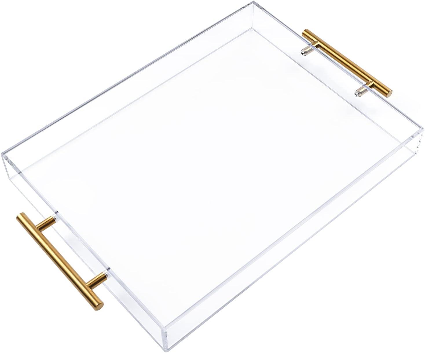 12"x16" Clear Acrylic Serving Tray with Golden Handles, Huge Capacity Sturdy Acrylic Tray for Coffee, Juice, Kitchen and Desk Organizer, Storage Tray (12"x16")