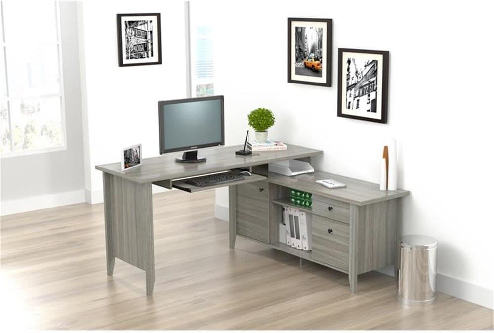 Espresso Oak L-Shaped Corner Desk with Keyboard Tray and Filing Cabinet