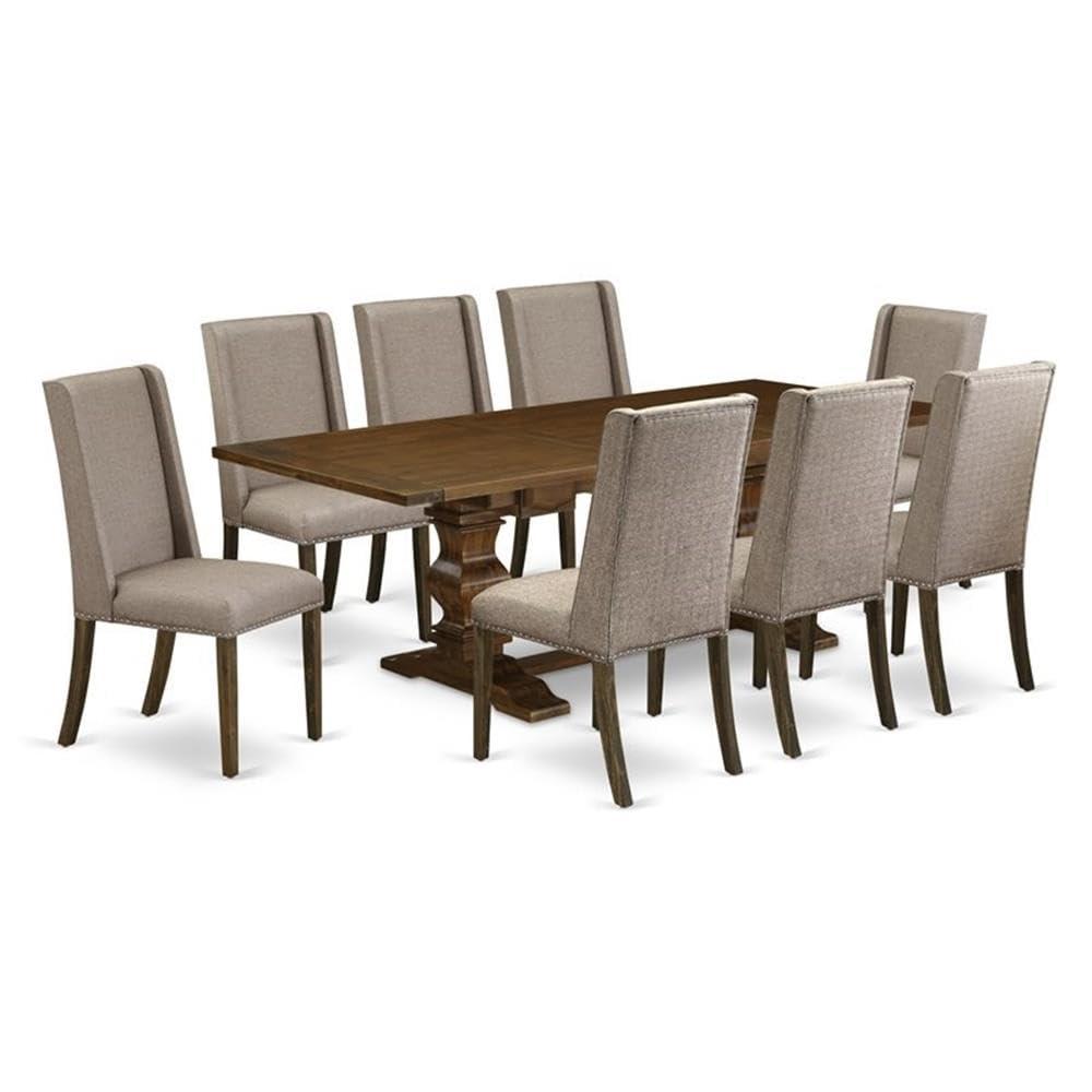 Vintage Dining Set - 9 Piece TableChair Set - Antique WalnutDistressed Jacobean Finish - Linen Fabric Dining Room Chairs