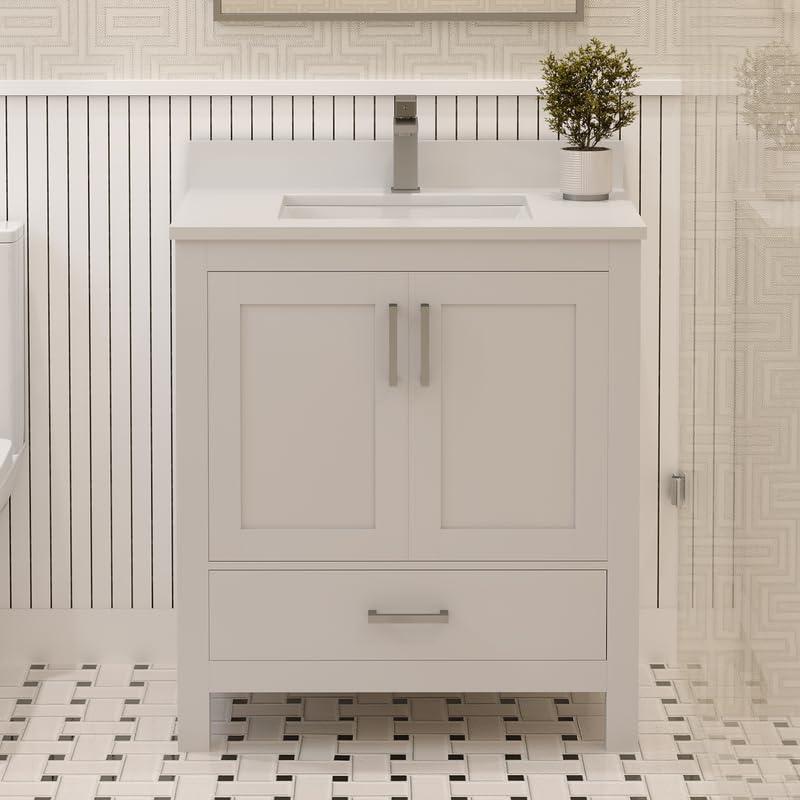 Ayna Decors Rooh 24 in White Bathroom Vanity Set with White Quartz Countertop | Ceramic Sink | 2 Soft Closing Doors | 1 Full Extention Soft Close Drawer | Brushed Nickel Hardware | AVR24WH3002