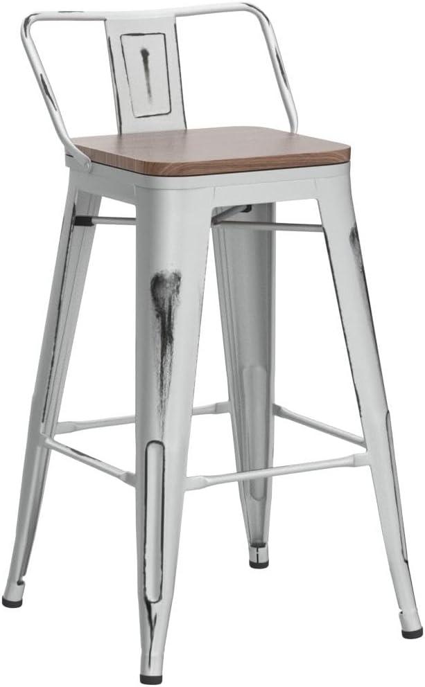 Set of 4 White Metal Bar Stools with Wooden Seats