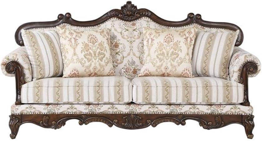 Nayla Walnut Floral Fabric Rolled Arm Sofa with Pillows