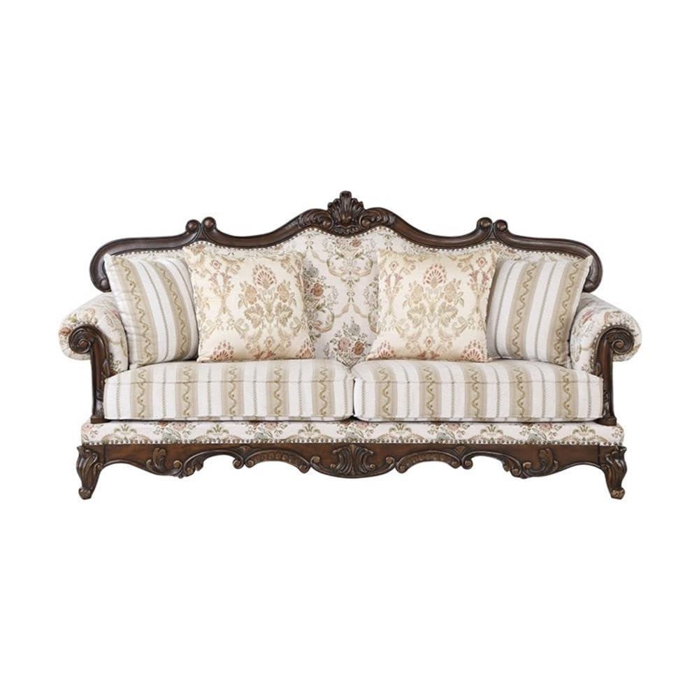 Nayla Walnut Floral Fabric Rolled Arm Sofa with Pillows
