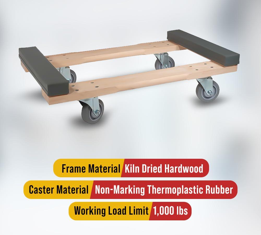 19" x 32" Carpeted Furniture Dolly 4 Wheels 1000 lbs. - Hardwood and Plywood Piano Moving Office Dolly with 3.5" x 4" Swivel Casters Mover