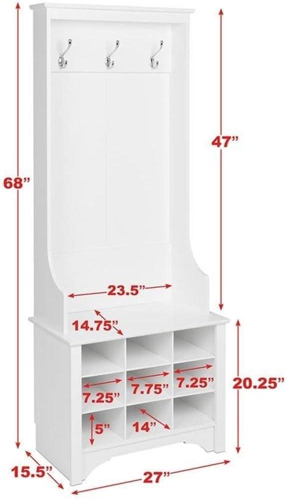 27" Narrow Hall Tree with 9 Shoe Cubbies White - Prepac: Modern Entryway Organizer, Mudroom Storage, Metal Hooks